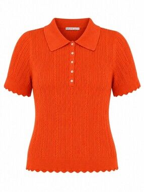 Kaily K Orange Short Sleeve Polo Knit Scalloped Edge Retro Golf Luxury Top L